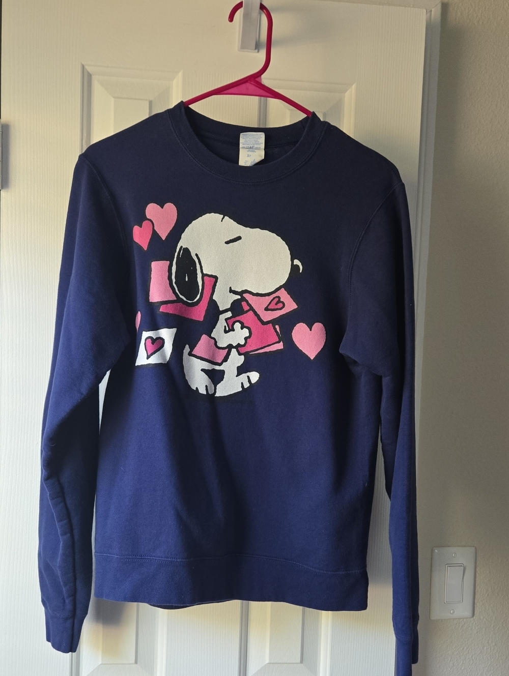 Port and Company Navy Crewneck Sweatshirt w/ Snoopy & Pink Heart Graphics-small